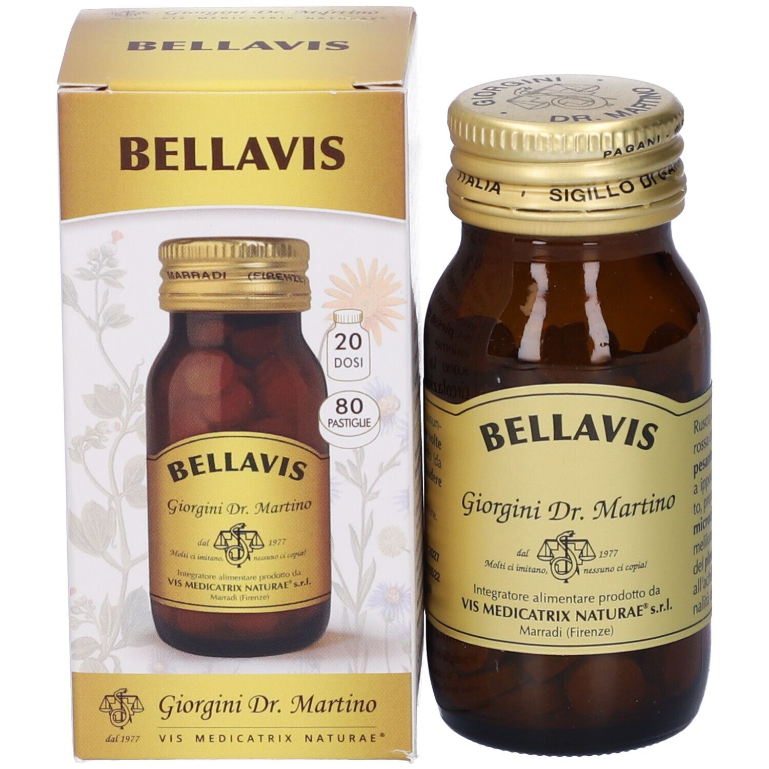 Prodotto Bellavis in flacone e confezione. Flacone marrone con tappo dorato e scatola.