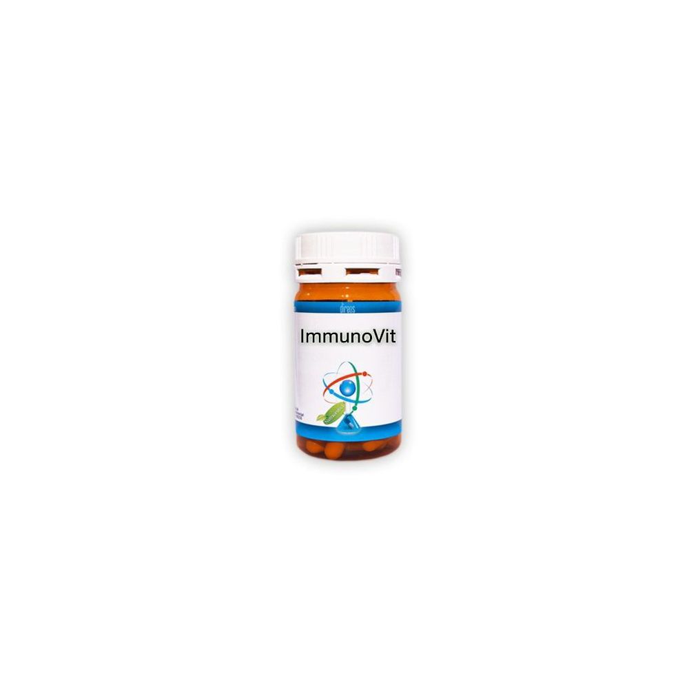 Capsule marroni in un flacone bianco con etichetta blu. Scritta: ImmunoVit.