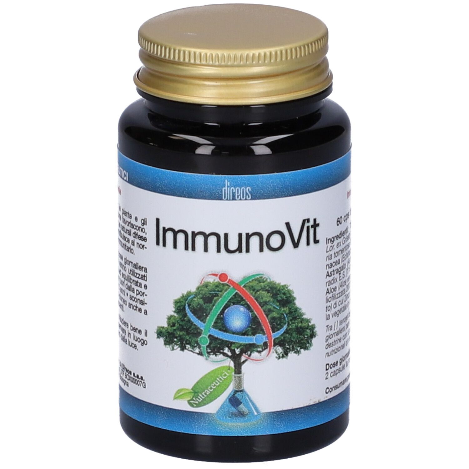 Flacone scuro con tappo dorato. Etichetta con nome prodotto ImmunoVit e logo.