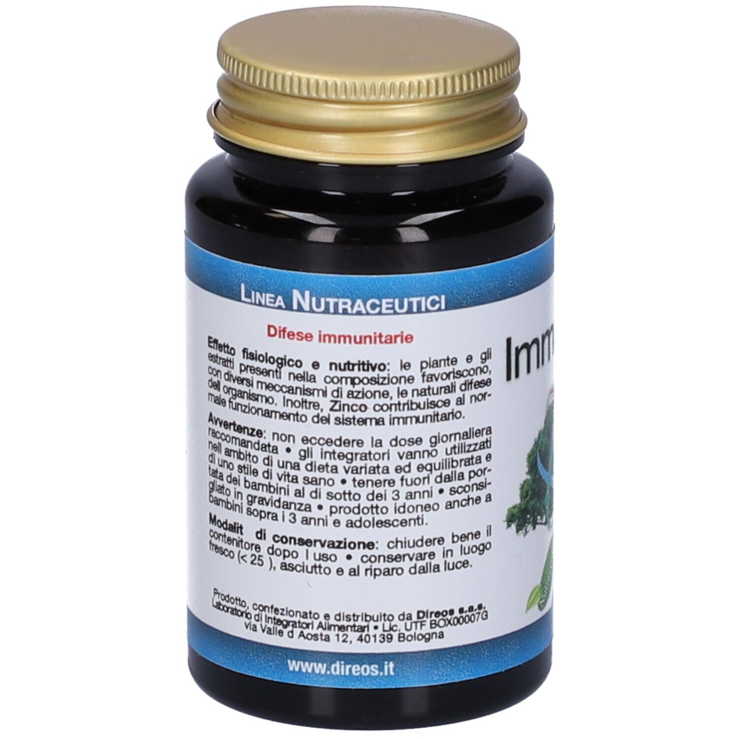 Flacone scuro con tappo dorato. Etichetta con testo sul sistema immunitario e ingredienti.