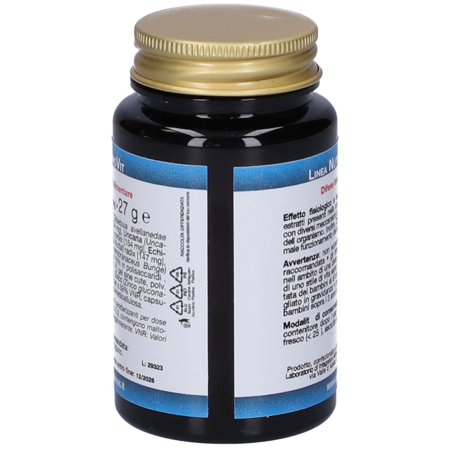 Flacone scuro con tappo dorato. Etichetta con ingredienti e informazioni nutrizionali.