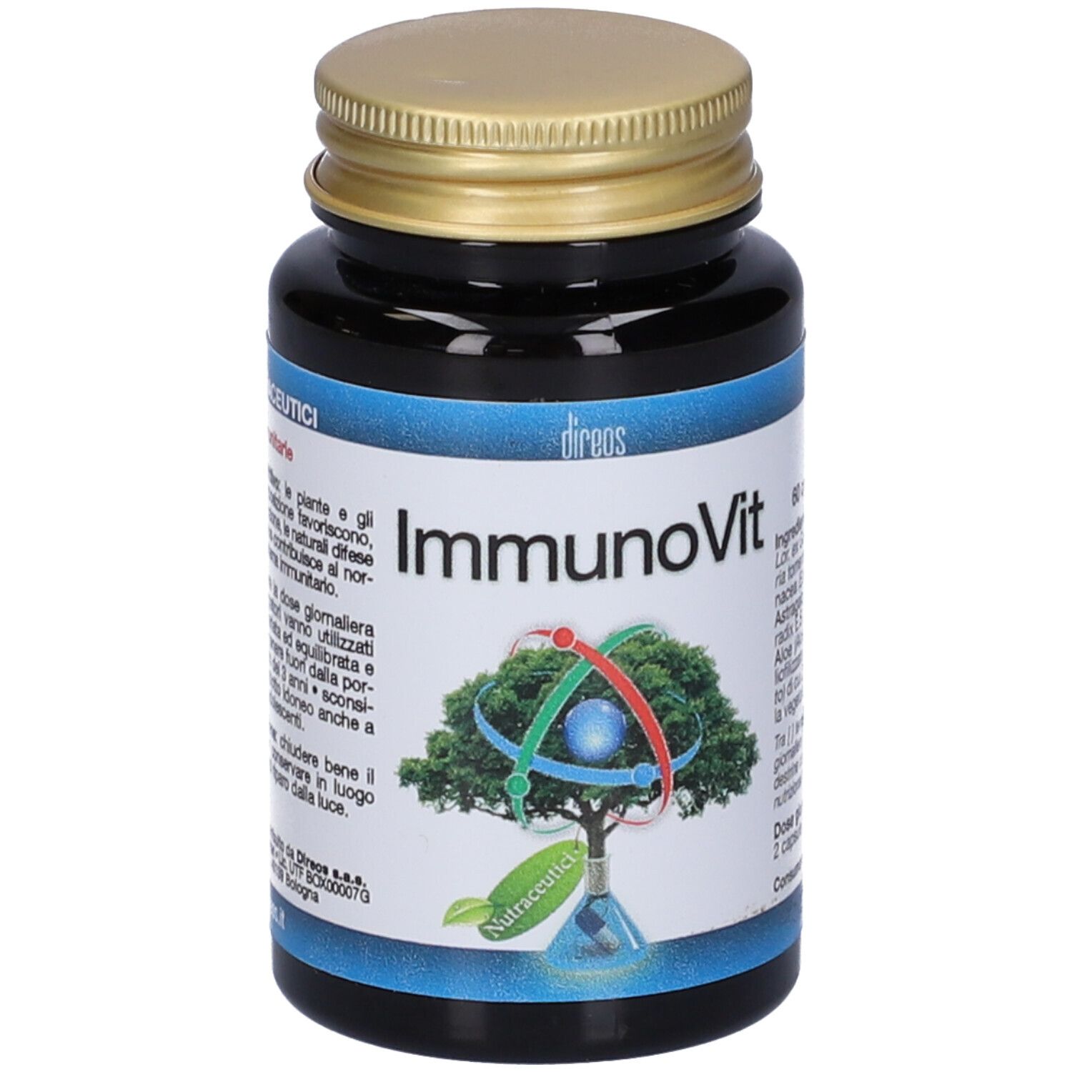 Flacone scuro con tappo dorato. Etichetta con testo sul sistema immunitario e ingredienti.