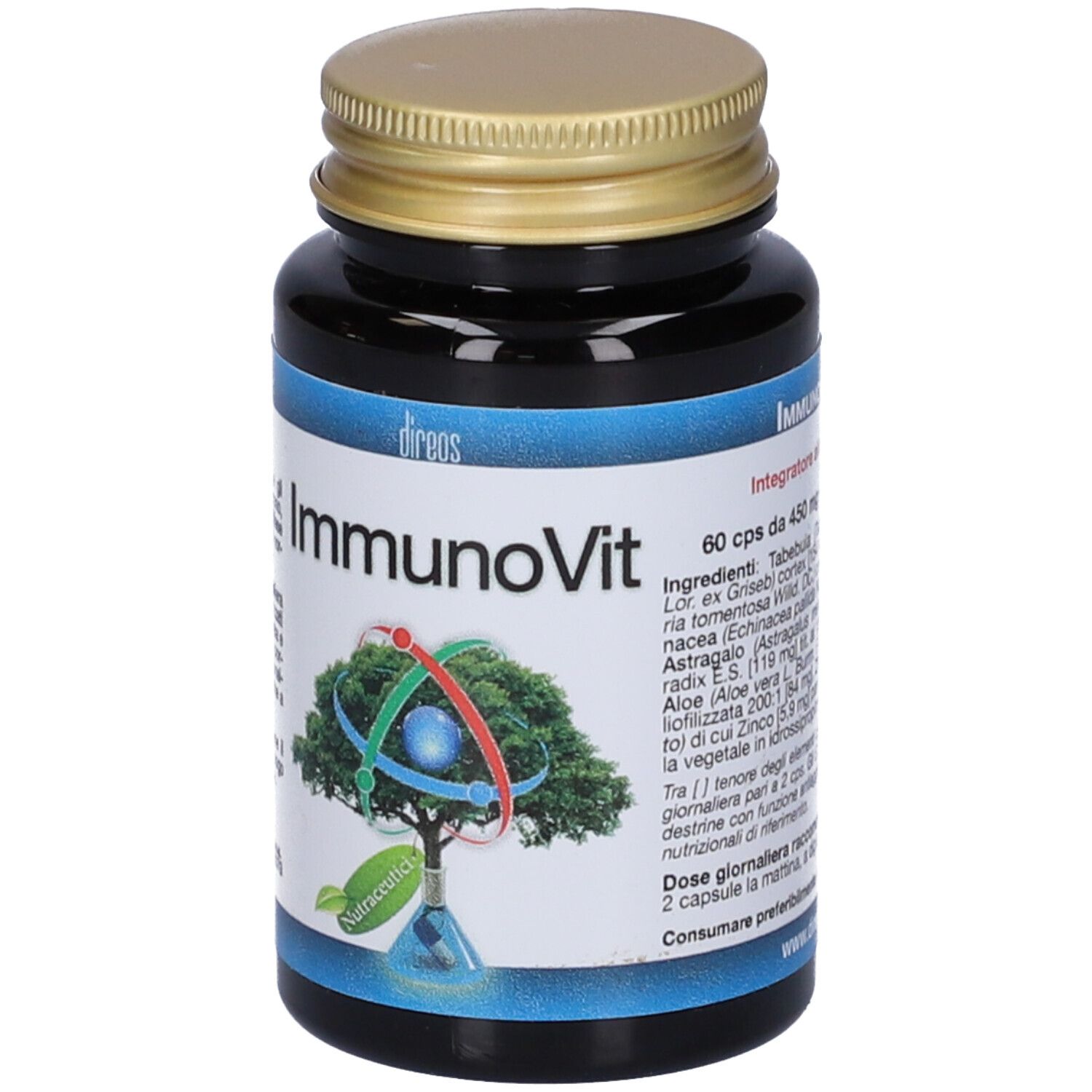 Flacone scuro con tappo dorato. Etichetta con nome prodotto ImmunoVit e logo.