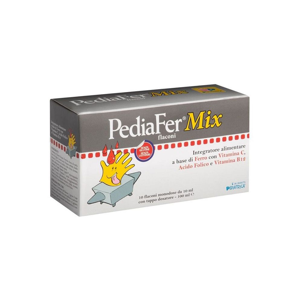 Confezione PediaFer Mix. Contiene 10 flaconcini con tappo dosatore. Contiene ferro, vitamina C, acido folico e vitamina B12.