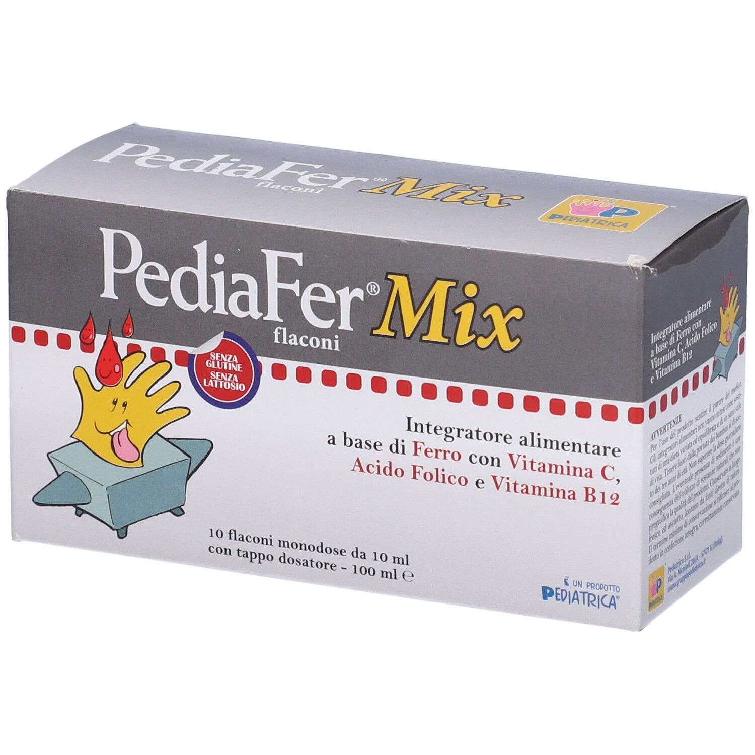 Confezione PediaFer Mix. Contiene 10 flaconcini con tappo dosatore. Contiene ferro, vitamina C, acido folico e vitamina B12.