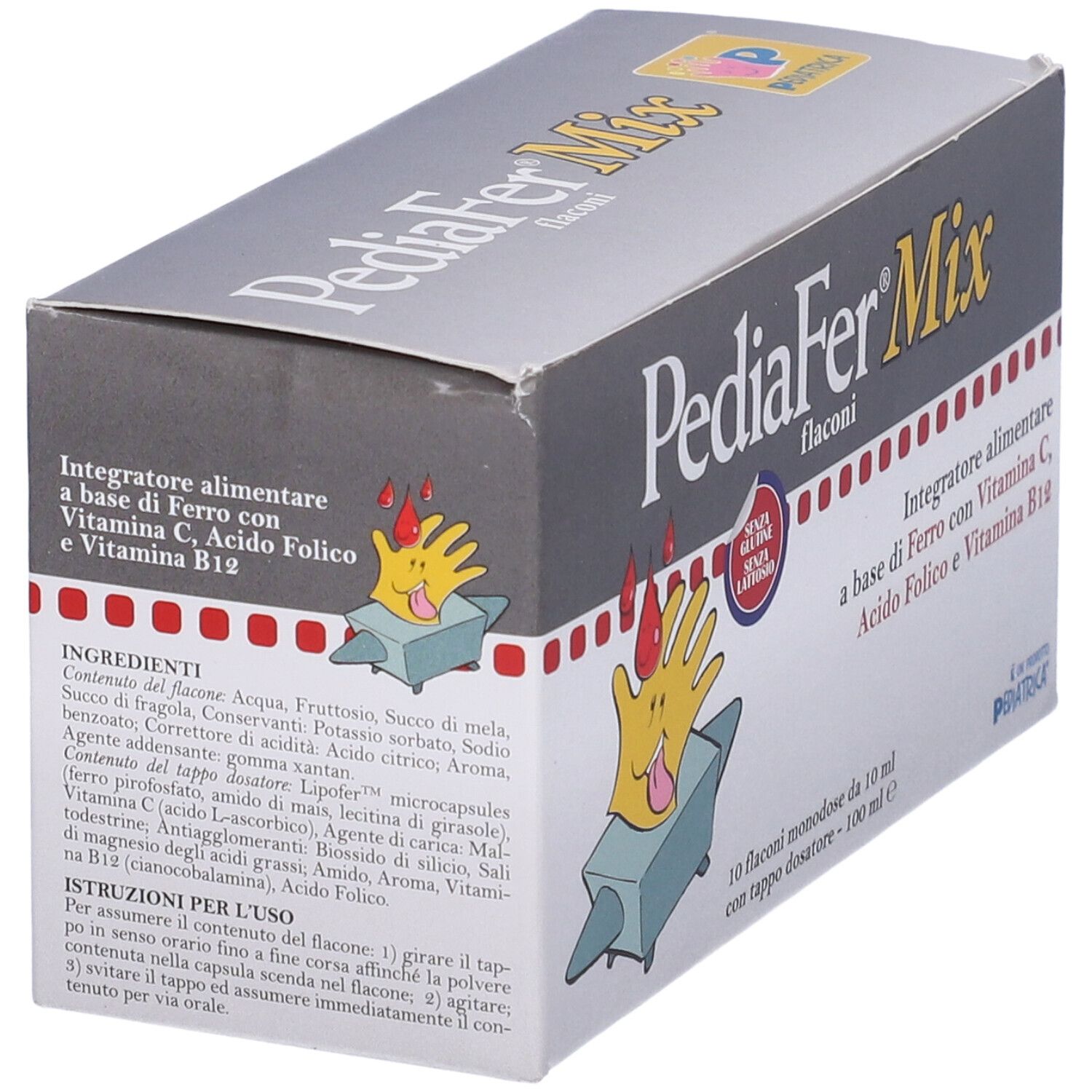 Confezione PediaFer Mix. Contiene 10 flaconcini con tappo dosatore. Ingredienti. Contiene ferro, vitamina C, acido folico e vitamina B12.