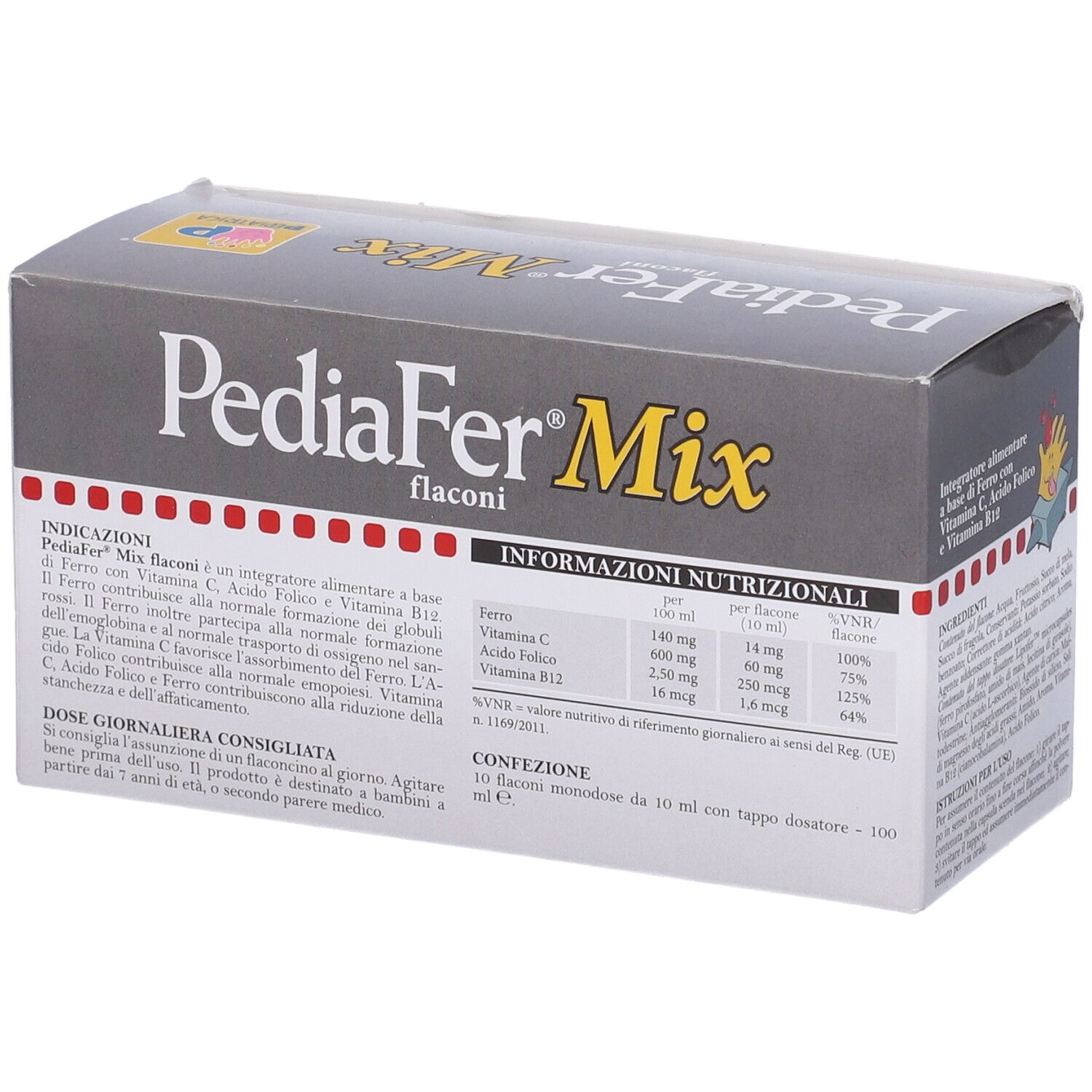 Confezione PediaFer Mix. Contiene 10 flaconcini con tappo dosatore. Informazioni nutrizionali. Contiene ferro, vitamina C, acido folico e vitamina B12.