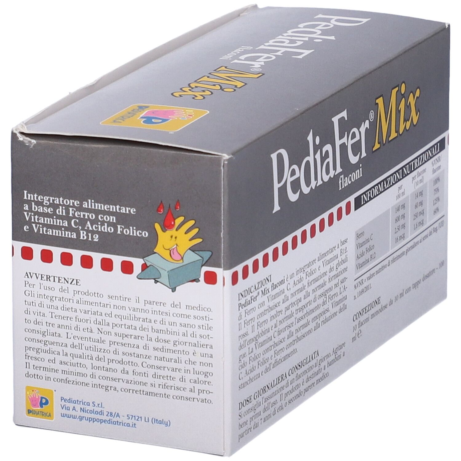 Confezione PediaFer Mix. Contiene 10 flaconcini con tappo dosatore. Avvertenze. Contiene ferro, vitamina C, acido folico e vitamina B12.