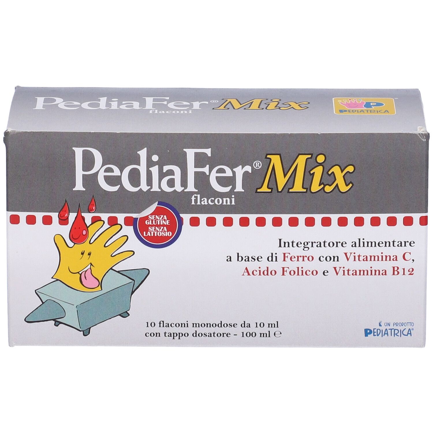 Confezione PediaFer Mix. Contiene 10 flaconcini con tappo dosatore. Contiene ferro, vitamina C, acido folico e vitamina B12.