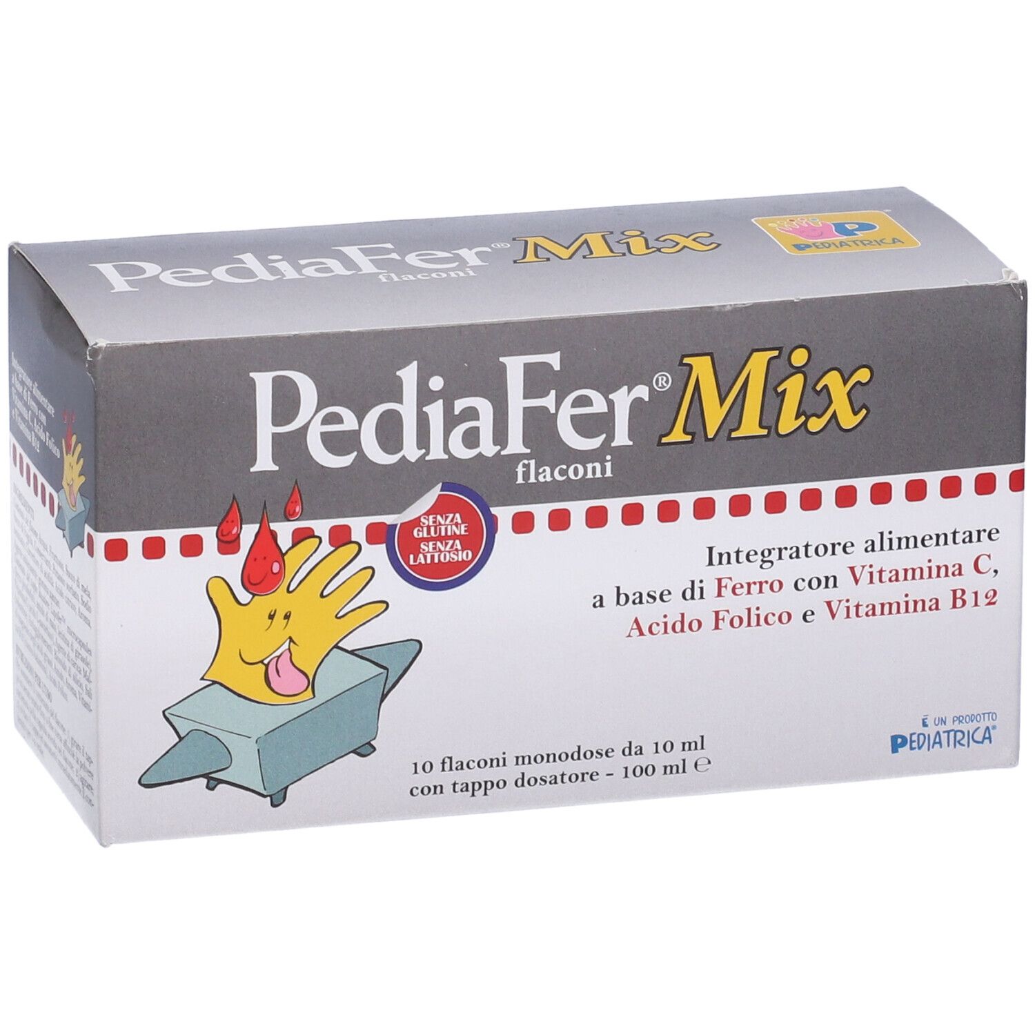 Confezione PediaFer Mix. Contiene 10 flaconcini con tappo dosatore. Contiene ferro, vitamina C, acido folico e vitamina B12.