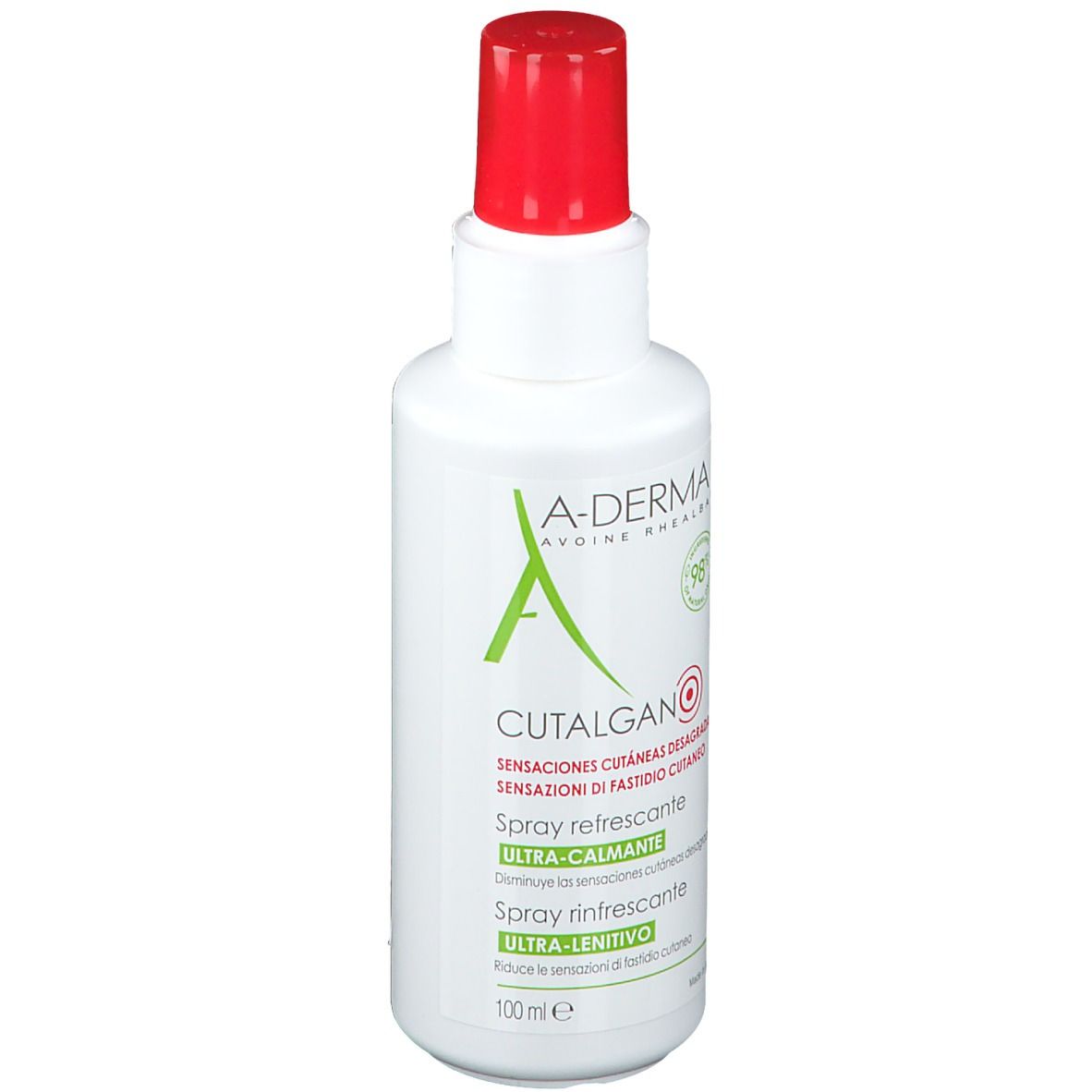 A-DERMA Spray. Weiße Flasche mit rotem Sprühkopf. Mehrsprachige Beschriftung. 100 ml.
