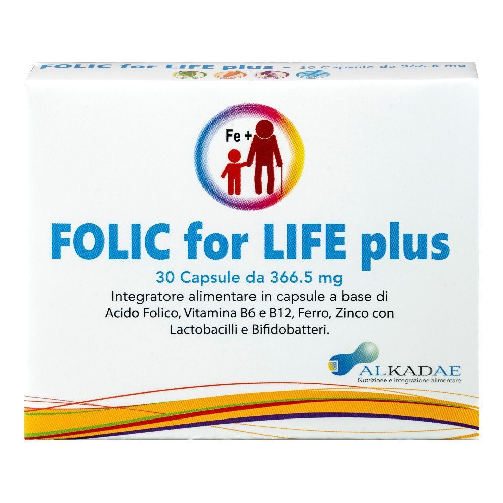 Confezione di Alkadae Folic for Life Plus. Contiene 30 capsule. Logo e testo visibili.