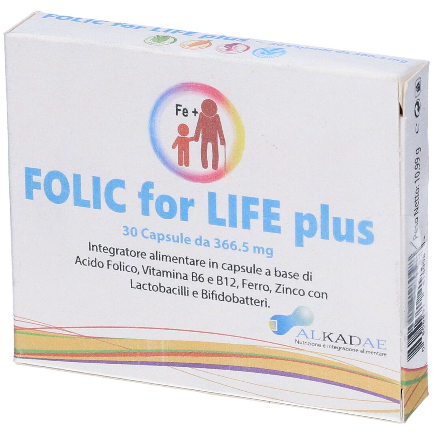 Confezione di Alkadae Folic for Life Plus. Contiene 30 capsule. Vista laterale.