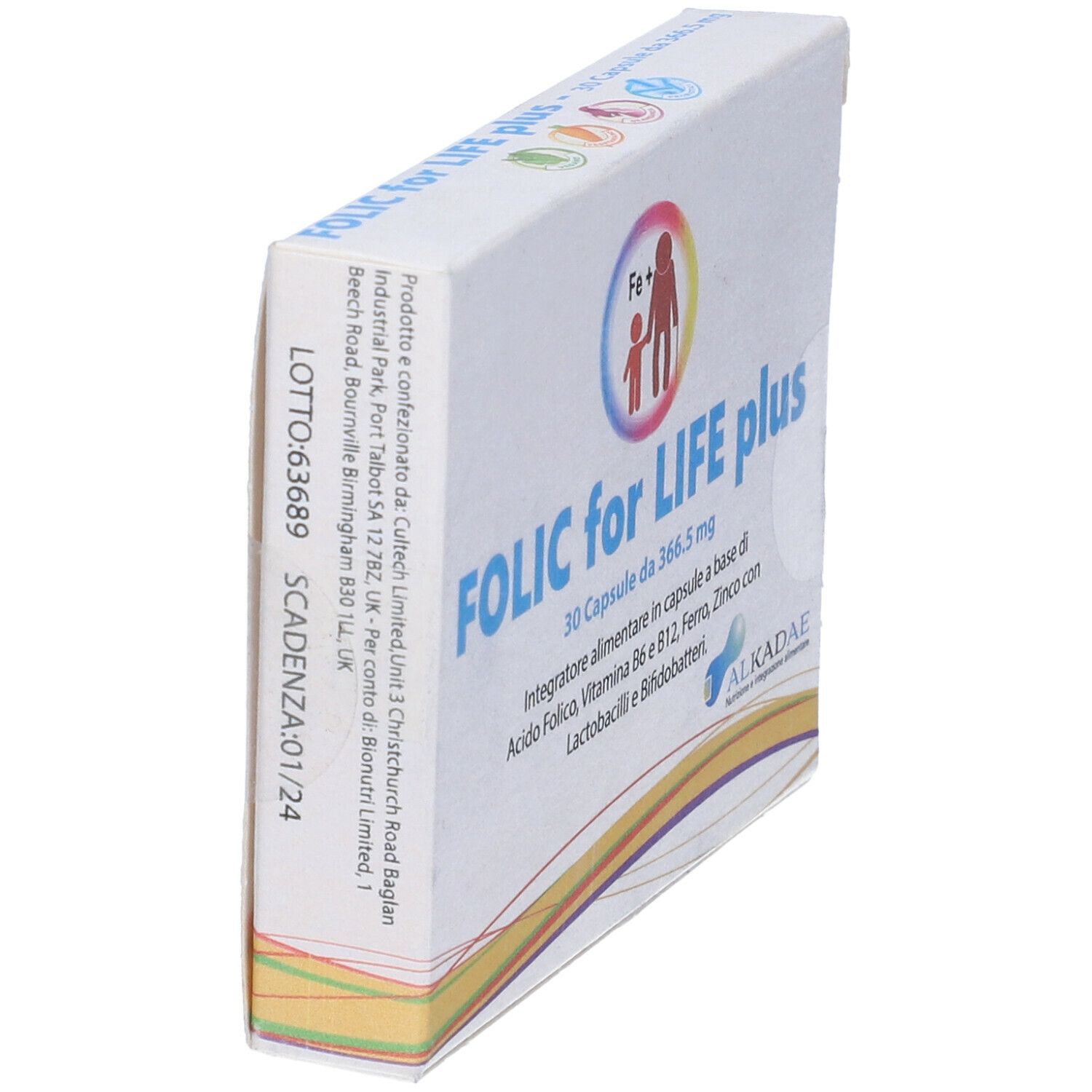 Confezione di Alkadae Folic for Life Plus. Contiene 30 capsule. Vista obliqua.