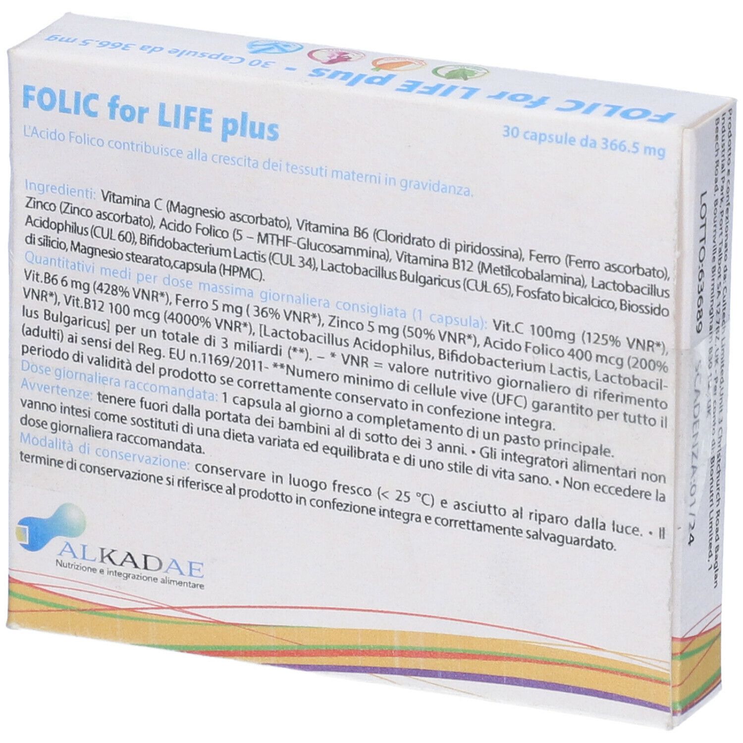 Retro della confezione di Alkadae Folic for Life Plus. Testo e ingredienti.