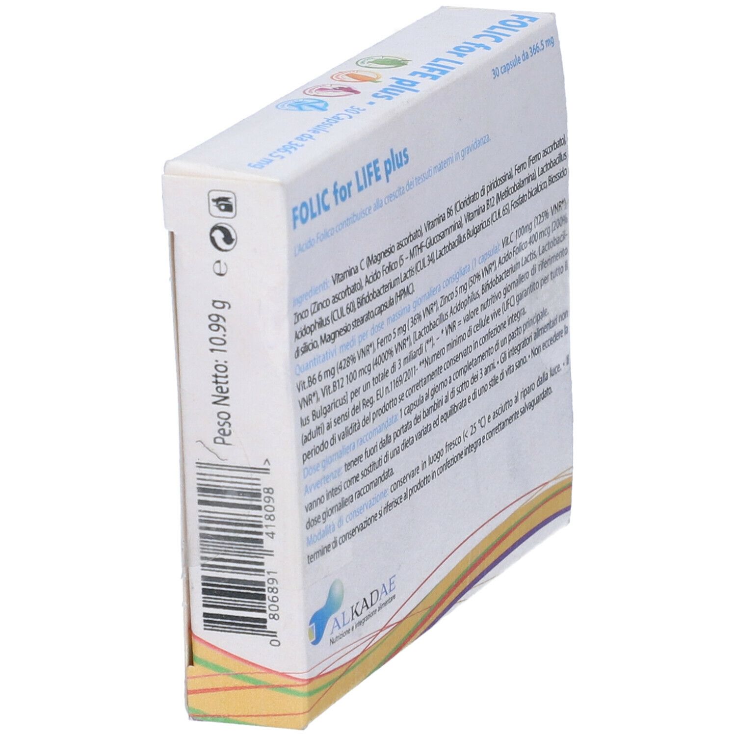 Vista obliqua della confezione di Alkadae Folic for Life Plus. Testo e ingredienti.