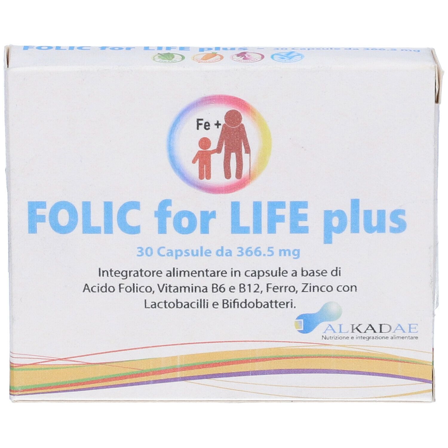 Confezione di Alkadae Folic for Life Plus. Contiene 30 capsule. Logo e testo visibili.