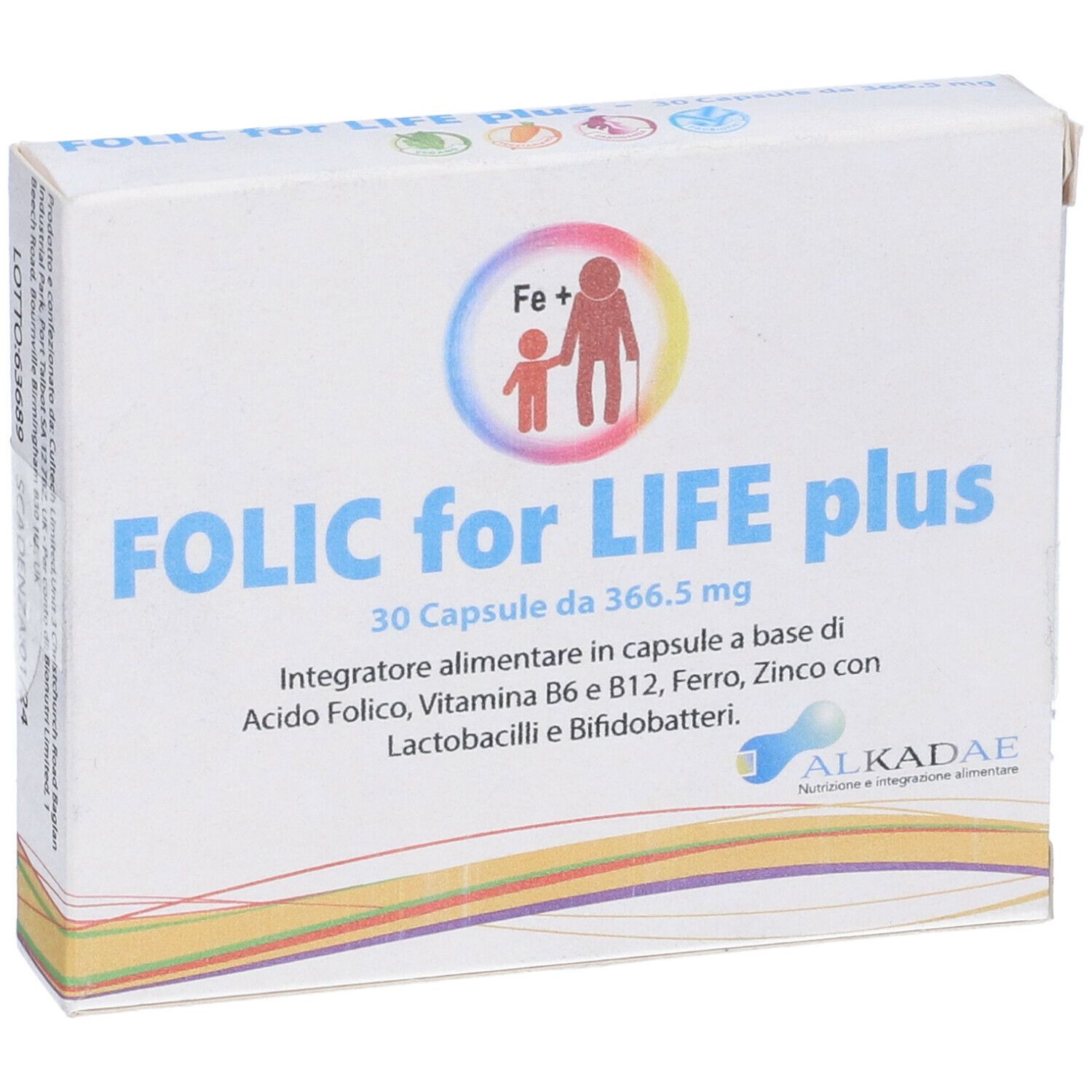 Confezione di Alkadae Folic for Life Plus. Contiene 30 capsule. Logo e testo visibili.