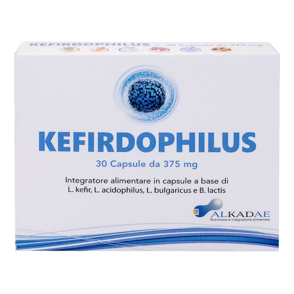 Scatola bianca 'KEFIRDOPHILUS', 30 capsule. Grafica blu sferica. Logo 'ALKADAE'.