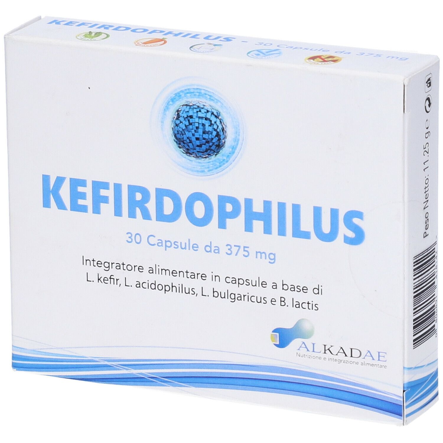 Scatola bianca 'KEFIRDOPHILUS', 30 capsule. Grafica blu sferica. Logo 'ALKADAE'. Vista laterale.