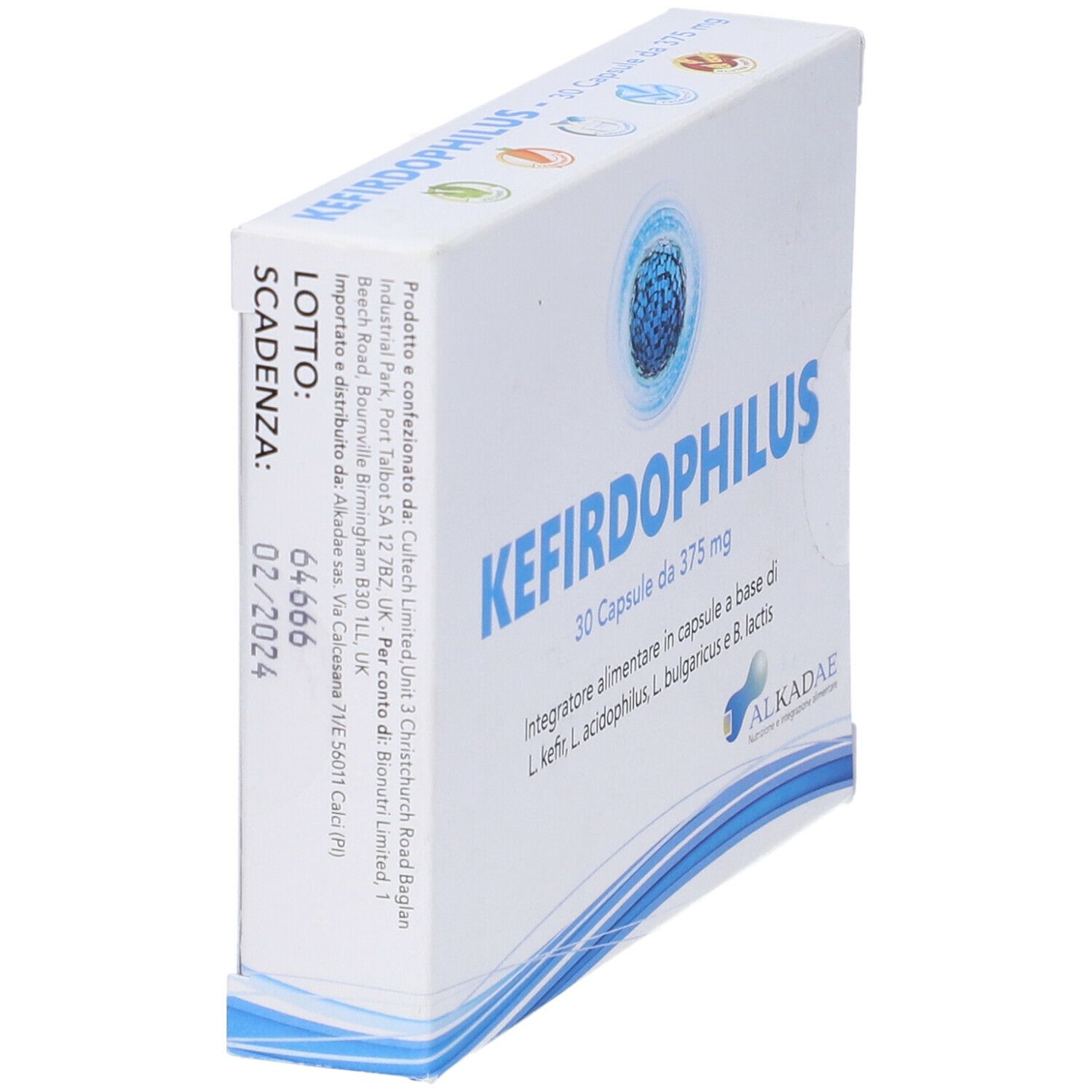 Scatola 'KEFIRDOPHILUS', 30 capsule. Grafica blu sferica. Logo 'ALKADAE'. Vista laterale con testo.