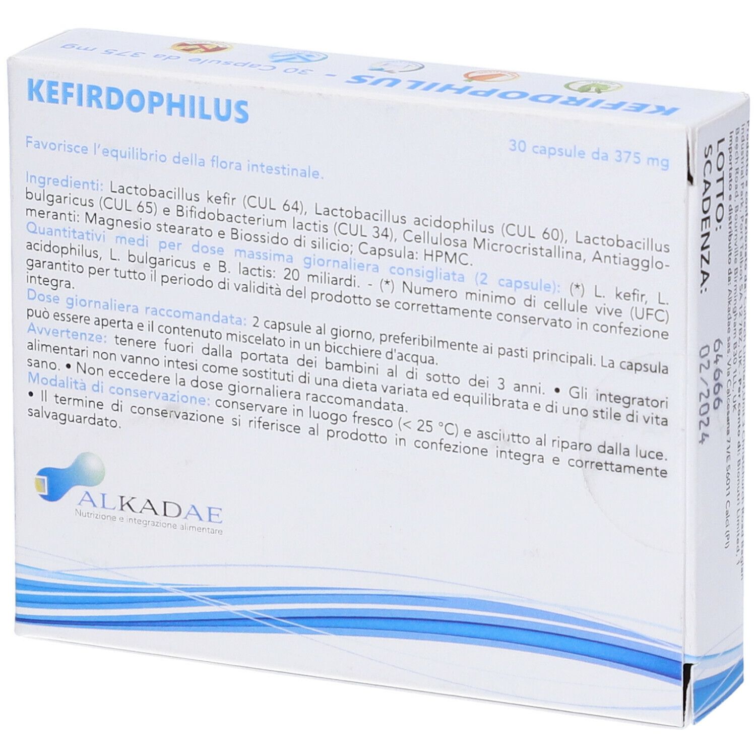 Retro scatola 'KEFIRDOPHILUS', 30 capsule. Testo ingredienti e uso. Logo 'ALKADAE'.