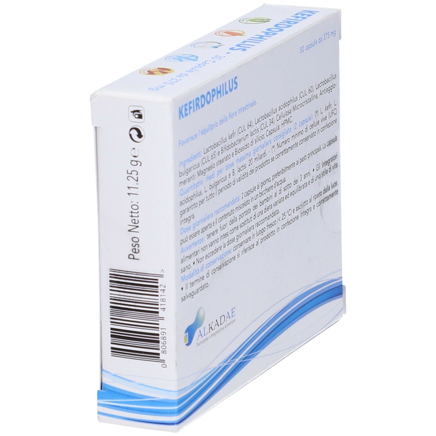 Vista laterale scatola 'KEFIRDOPHILUS', 30 capsule. Testo e logo 'ALKADAE'. Peso: 11,25 g.