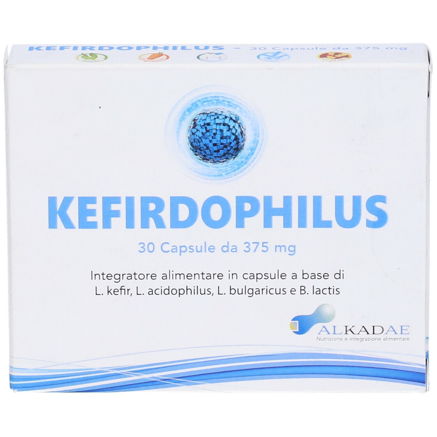 Scatola bianca 'KEFIRDOPHILUS', 30 capsule. Grafica blu sferica. Logo 'ALKADAE'. Vista frontale.