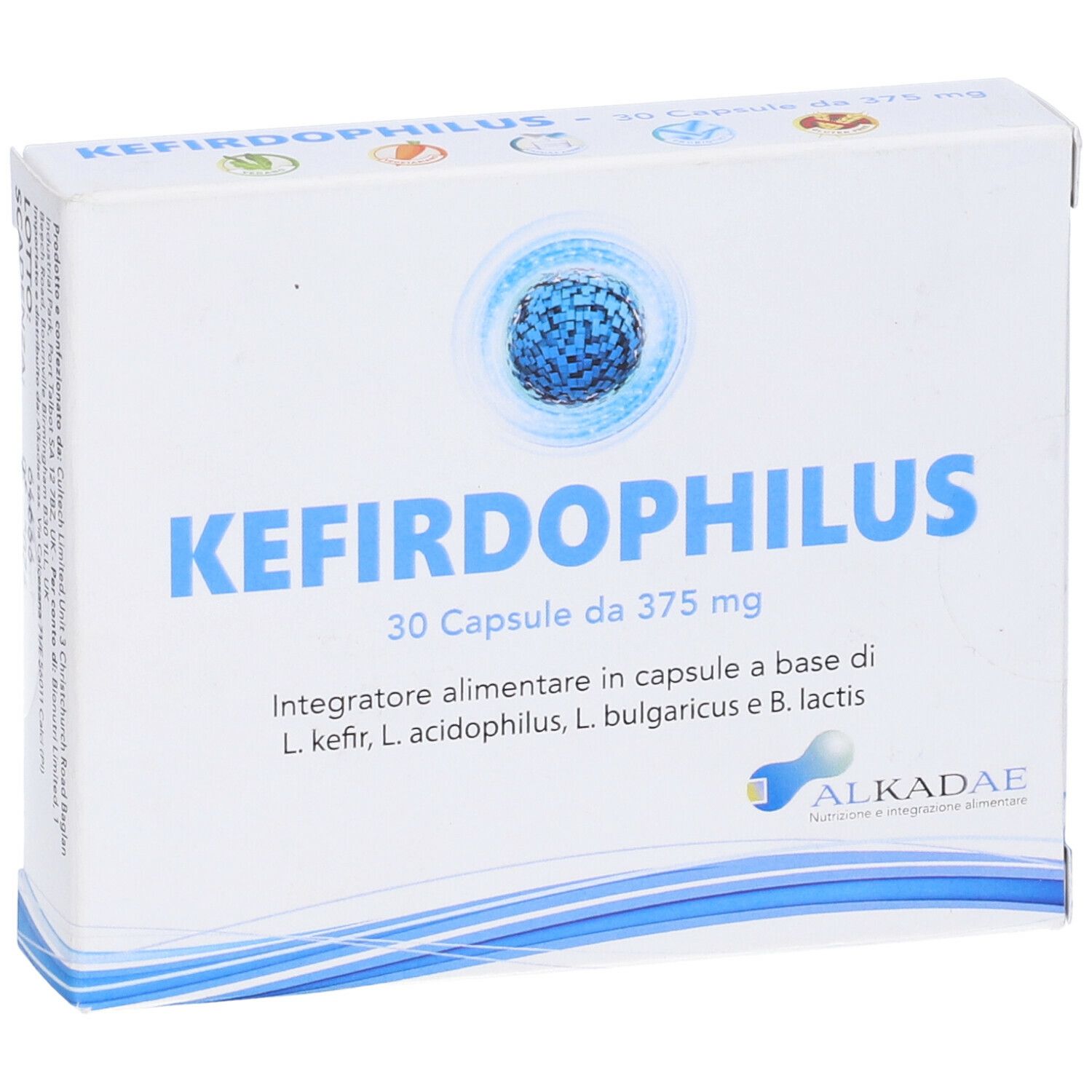 Scatola bianca 'KEFIRDOPHILUS', 30 capsule. Grafica blu sferica. Logo 'ALKADAE'. Vista frontale.