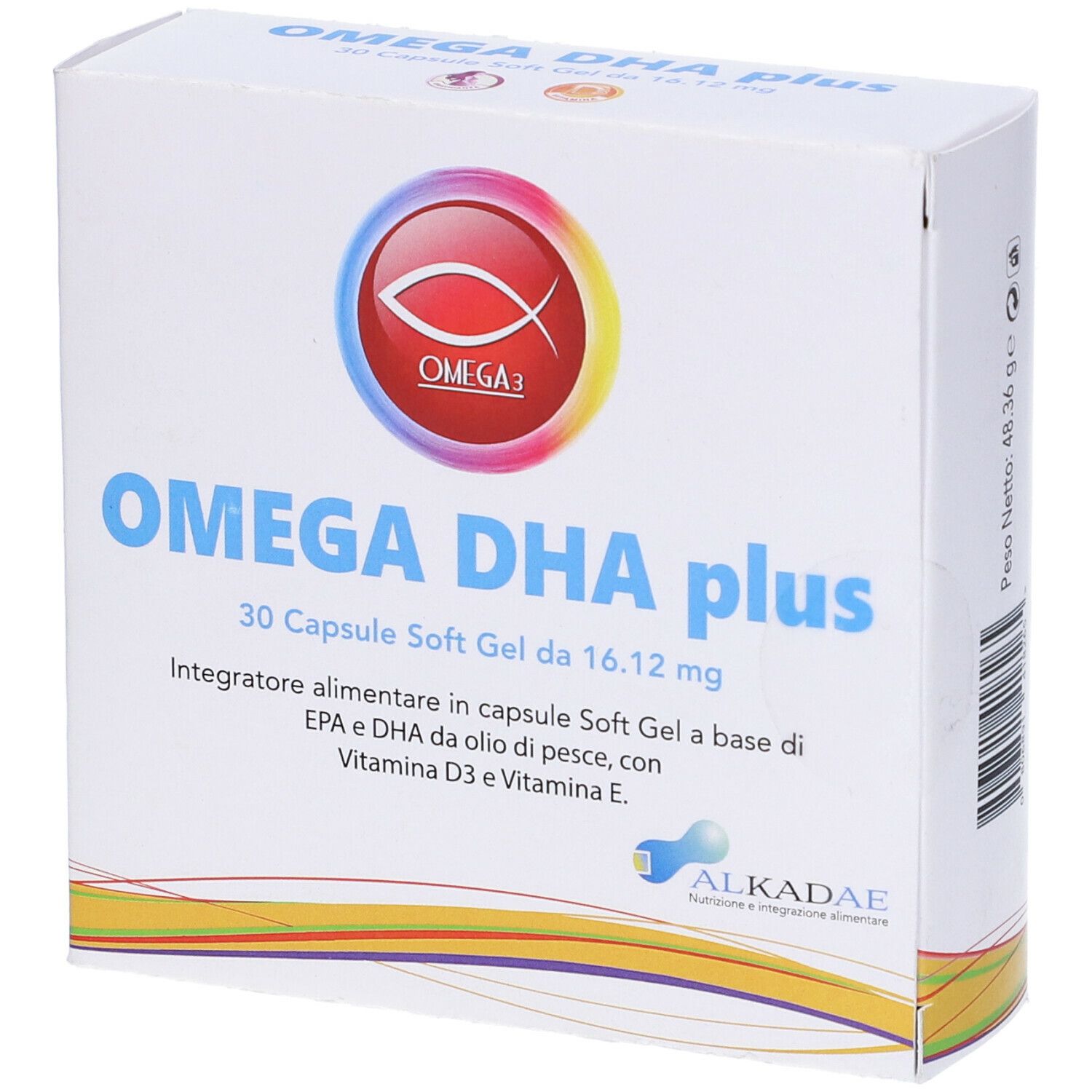 Scatola di capsule Omega DHA plus. Scritta: 30 capsule. Marchio: Alkadae. Integratore a base di olio di pesce.