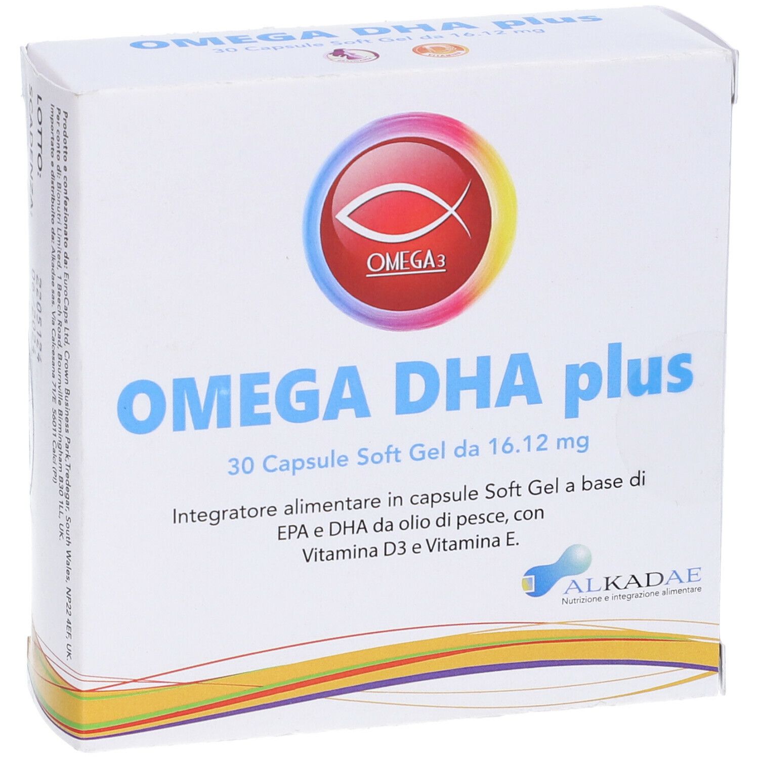 Scatola di capsule Omega DHA plus. Scritta: 30 capsule. Marchio: Alkadae. Integratore a base di olio di pesce.