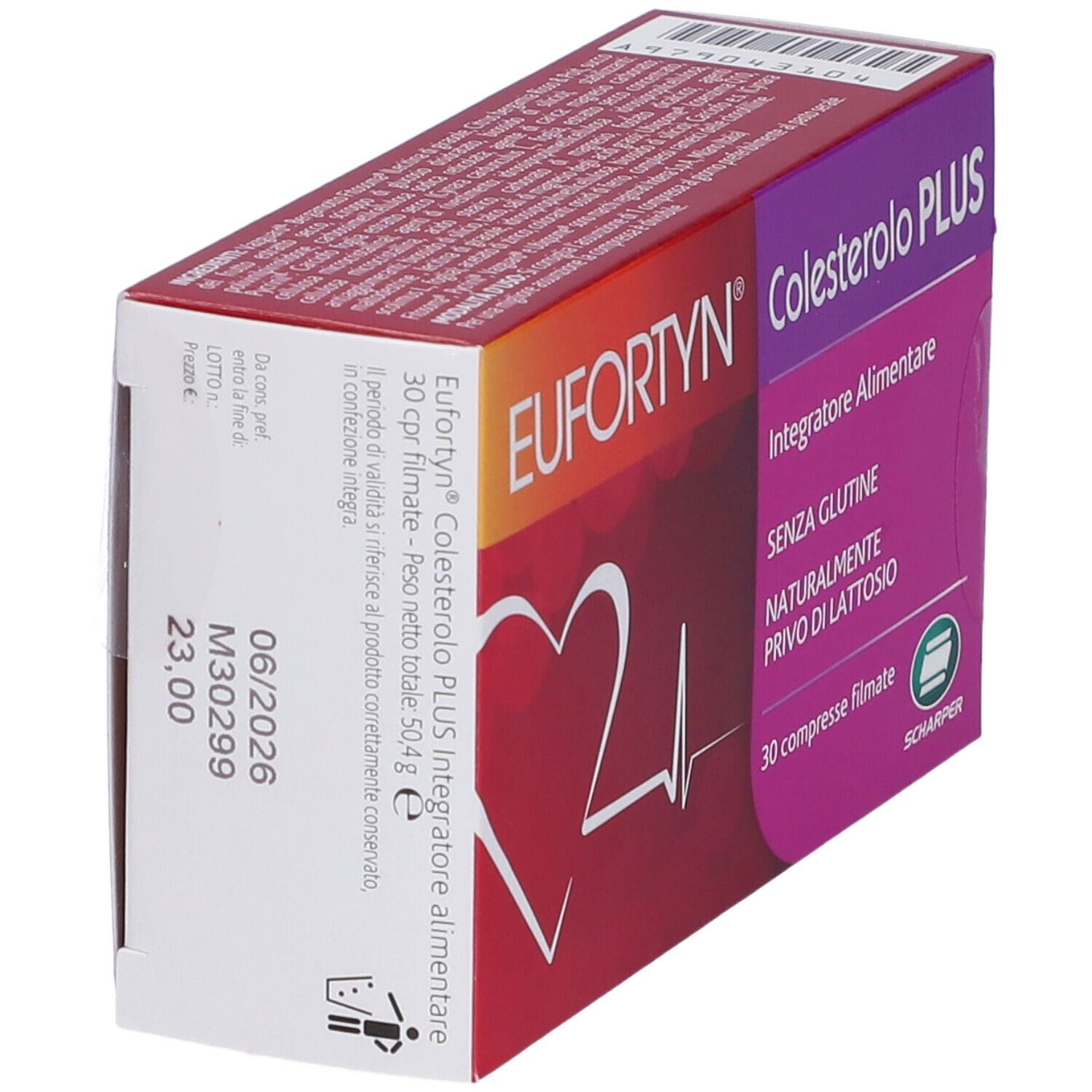Scatola EUFORTYN Colesterolo PLUS. Scritto: 30 compresse rivestite, senza glutine, senza lattosio. Codice a barre e data di scadenza.