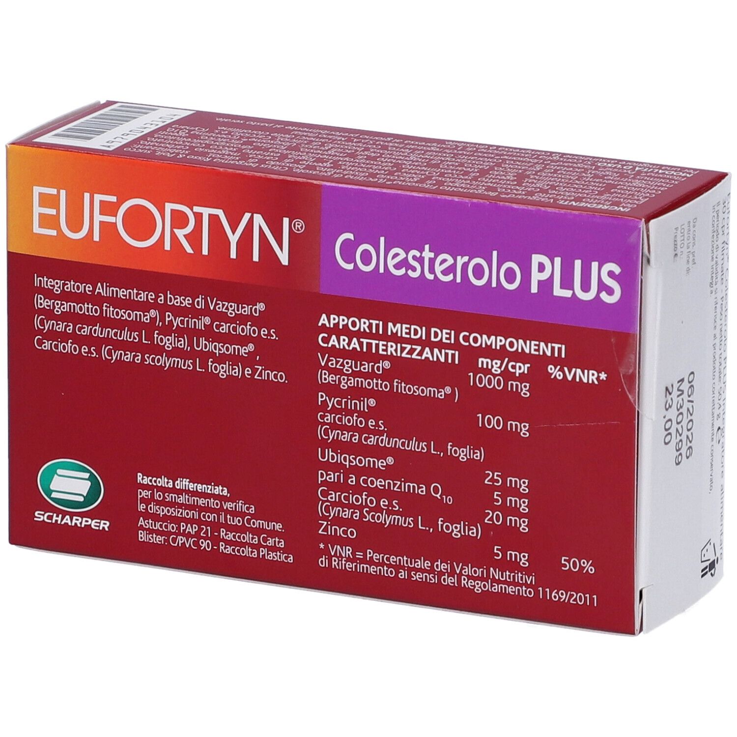 Scatola EUFORTYN Colesterolo PLUS. Ingredienti e informazioni nutrizionali. Scritto: 30 compresse rivestite. Marchio SCHAPER.