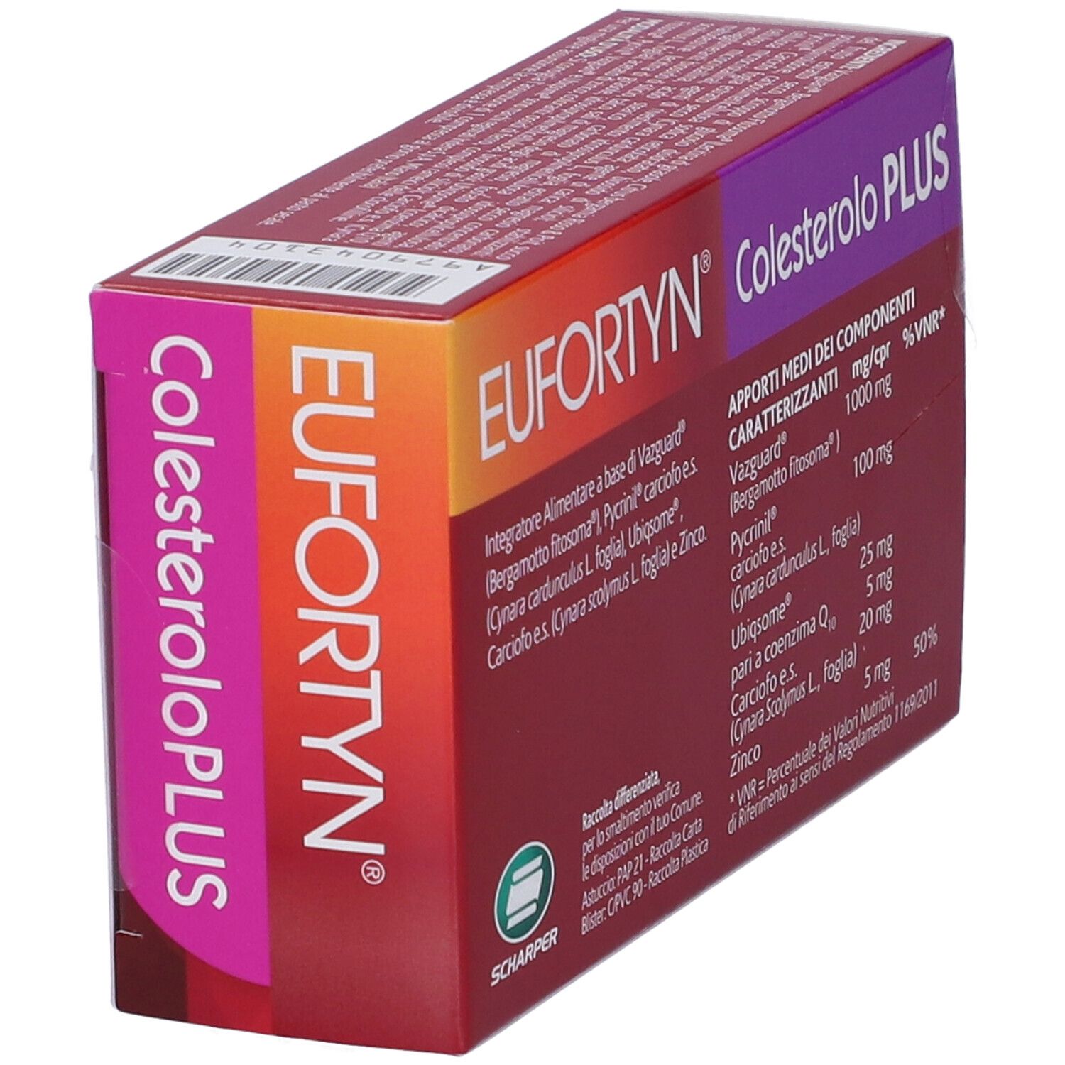 Scatola EUFORTYN Colesterolo PLUS. Ingredienti e informazioni nutrizionali. Scritto: 30 compresse rivestite. Marchio SCHAPER.
