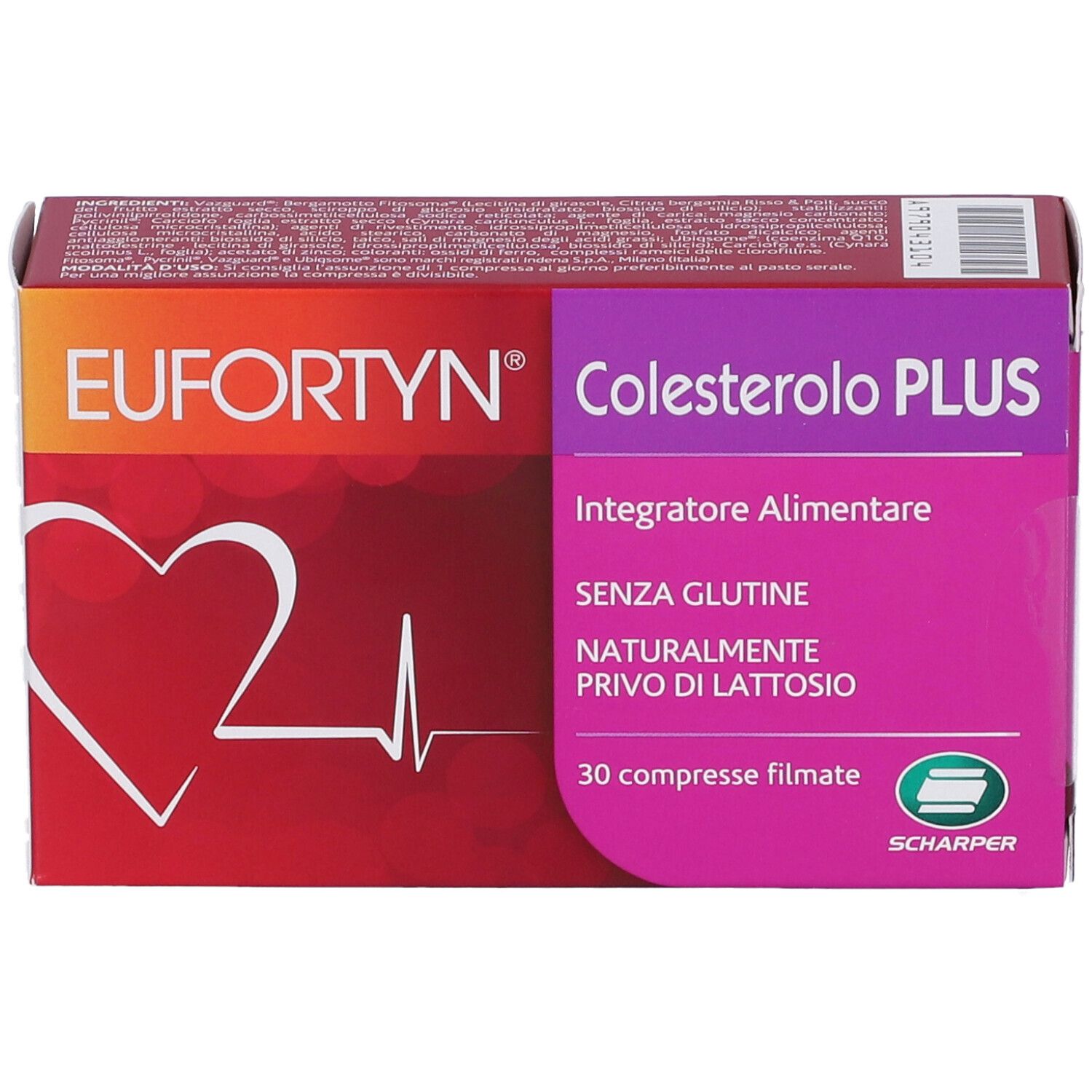 Scatola EUFORTYN Colesterolo PLUS. Scritto: 30 compresse rivestite, senza glutine, senza lattosio. Simbolo cuore ed ECG.