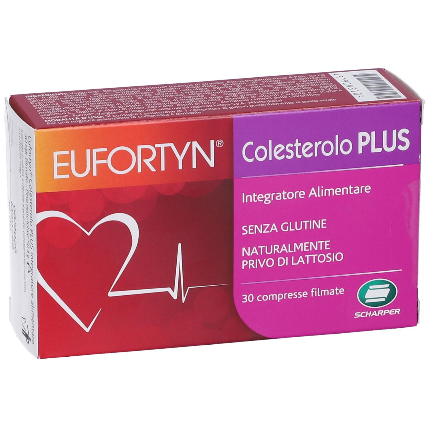 Scatola EUFORTYN Colesterolo PLUS. Scritto: 30 compresse rivestite, senza glutine, senza lattosio. Simbolo cuore ed ECG.