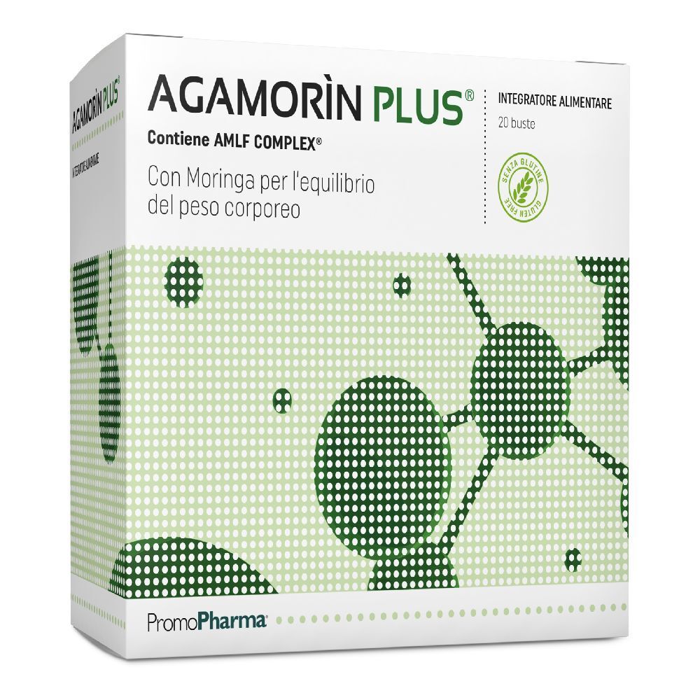 Scatola di AGAMORÌN PLUS. Confezione verde e bianca con nome e logo del prodotto. 20 bustine.