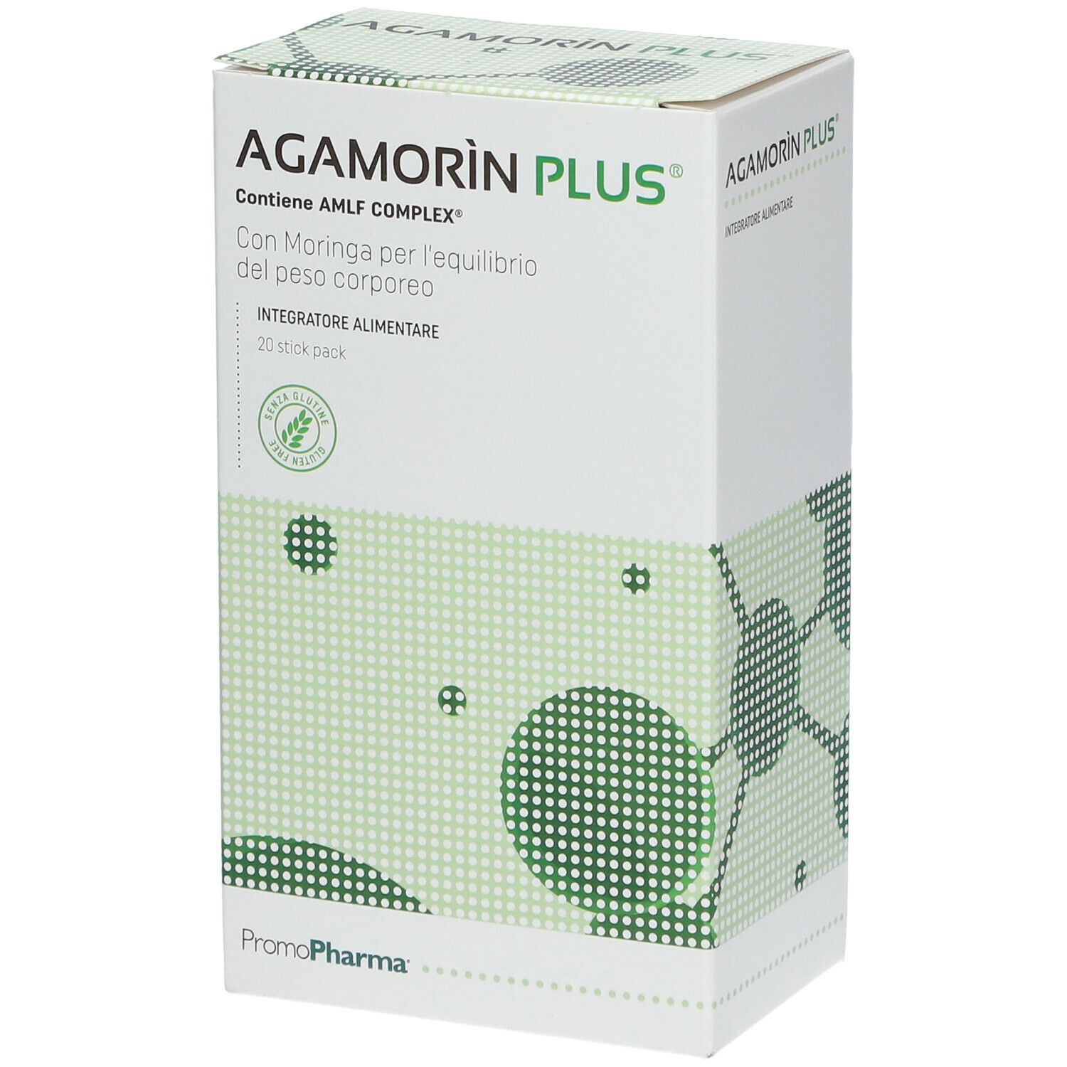 Scatola di AGAMORÌN PLUS. Confezione verde e bianca con nome e logo del prodotto. 20 stick pack.