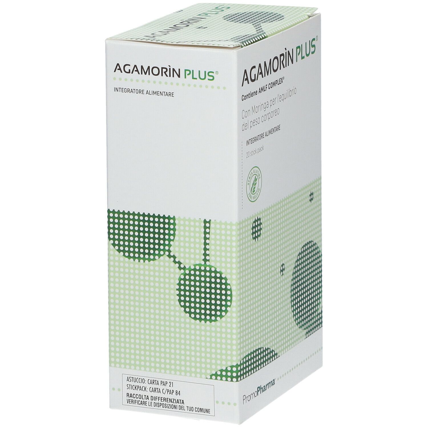 Scatola di AGAMORÌN PLUS. Confezione verde e bianca con nome e logo del prodotto. 20 stick pack.