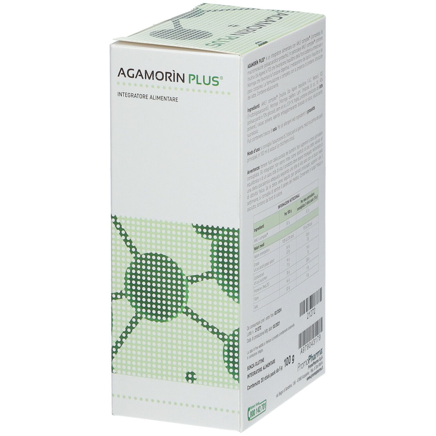 Confezione AGAMORÌN PLUS. Scatola verde e bianca con nome e logo del prodotto. Informazioni nutrizionali.