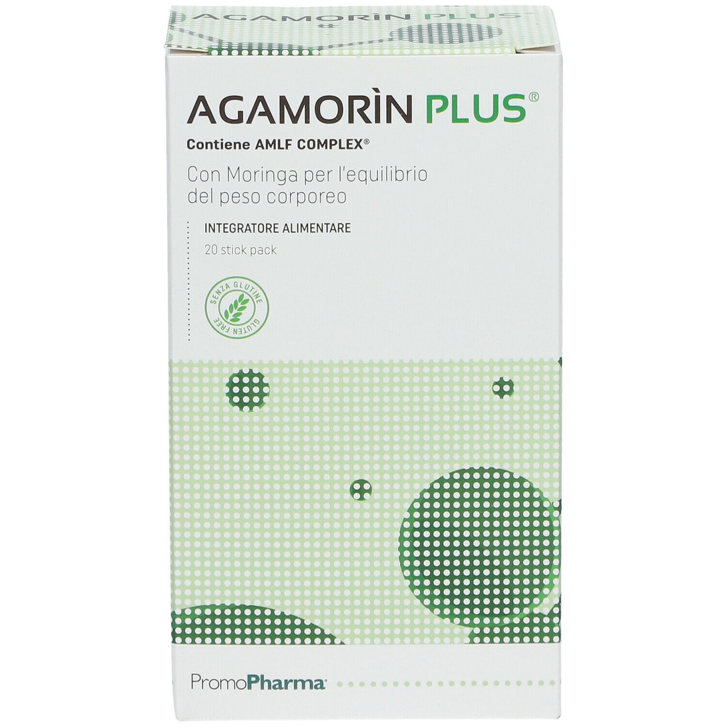 Scatola di AGAMORÌN PLUS. Confezione verde e bianca con nome e logo del prodotto. 20 stick pack.
