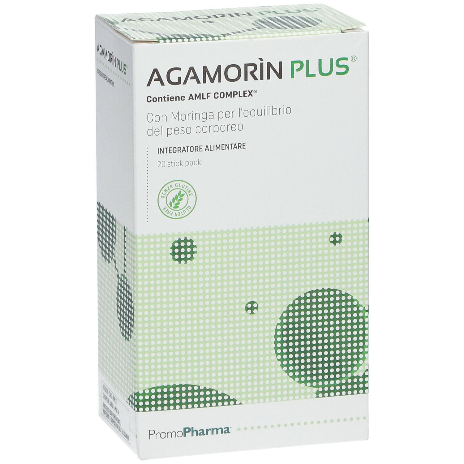 Scatola di AGAMORÌN PLUS. Confezione verde e bianca con nome e logo del prodotto. 20 stick pack.