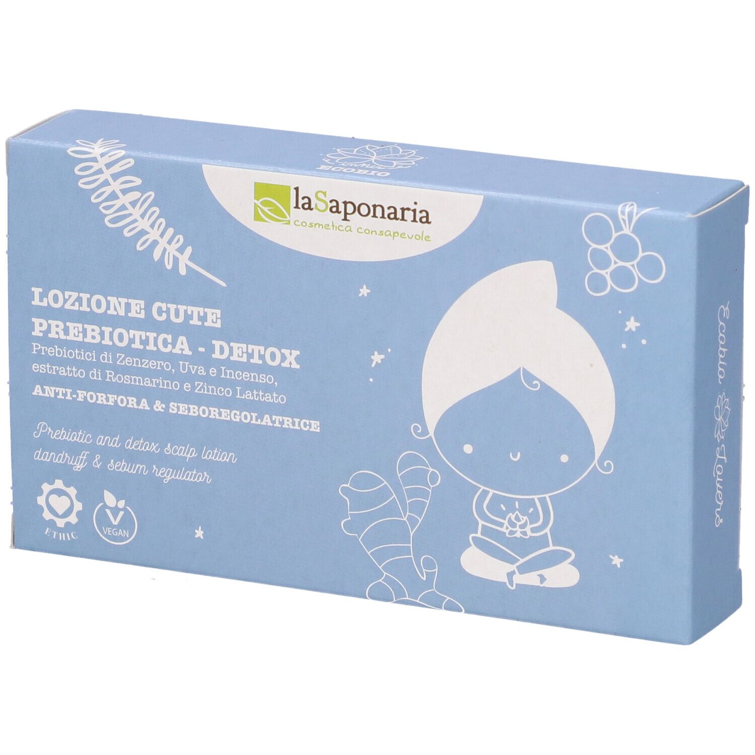 Scatola azzurra con informazioni sul prodotto e illustrazioni. Contiene 5 fiale. Scritto: Lozione Cute Prebiotica Detox.