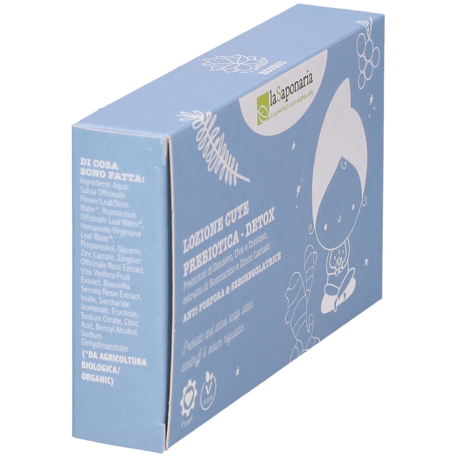 Scatola azzurra, vista laterale. Testo: Ingredienti, Lozione Cute Prebiotica Detox, Anti-Forfora & SeboRegolatrice. Sigilli Vegan ed Ethic.