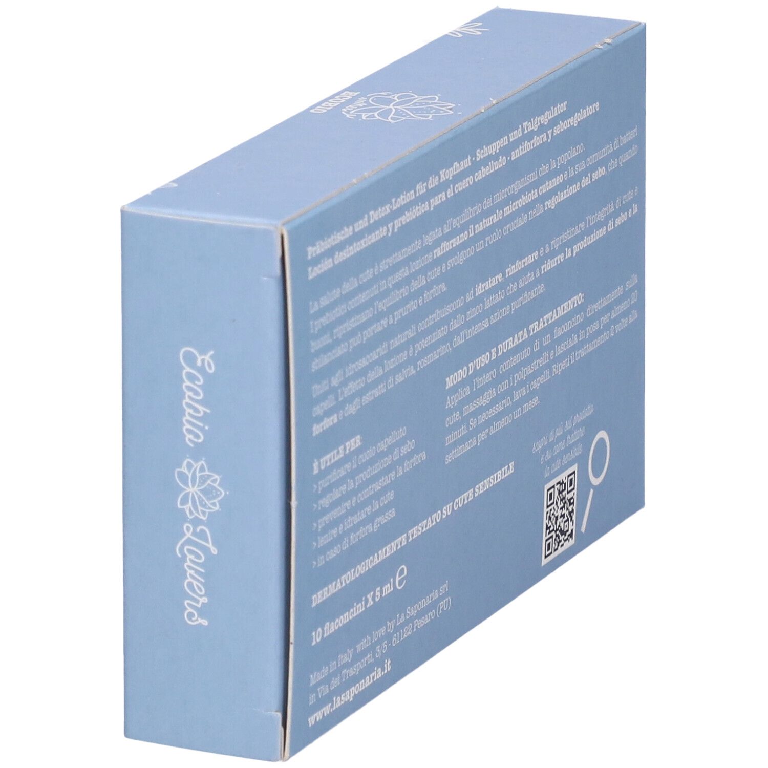 Scatola azzurra, vista laterale. Testo: Istruzioni per l'uso, 10 x 6 ml, Dermatologicamente testato. Codice QR e logo.