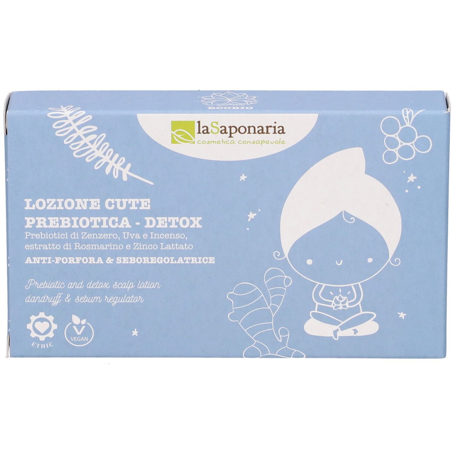 Scatola azzurra con informazioni sul prodotto e illustrazioni. Contiene 5 fiale. Scritto: Lozione Cute Prebiotica Detox.