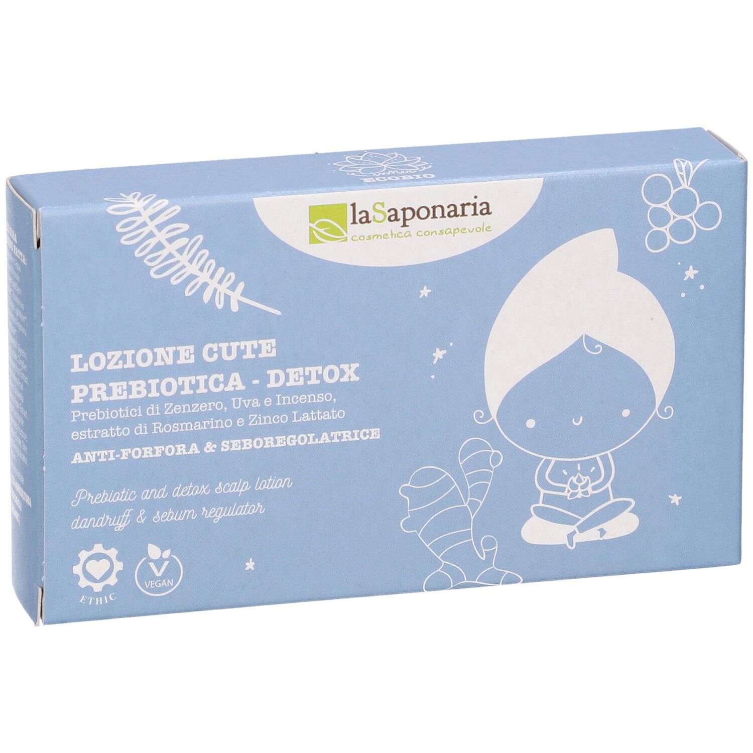 Scatola azzurra con informazioni sul prodotto e illustrazioni. Contiene 5 fiale. Scritto: Lozione Cute Prebiotica Detox.
