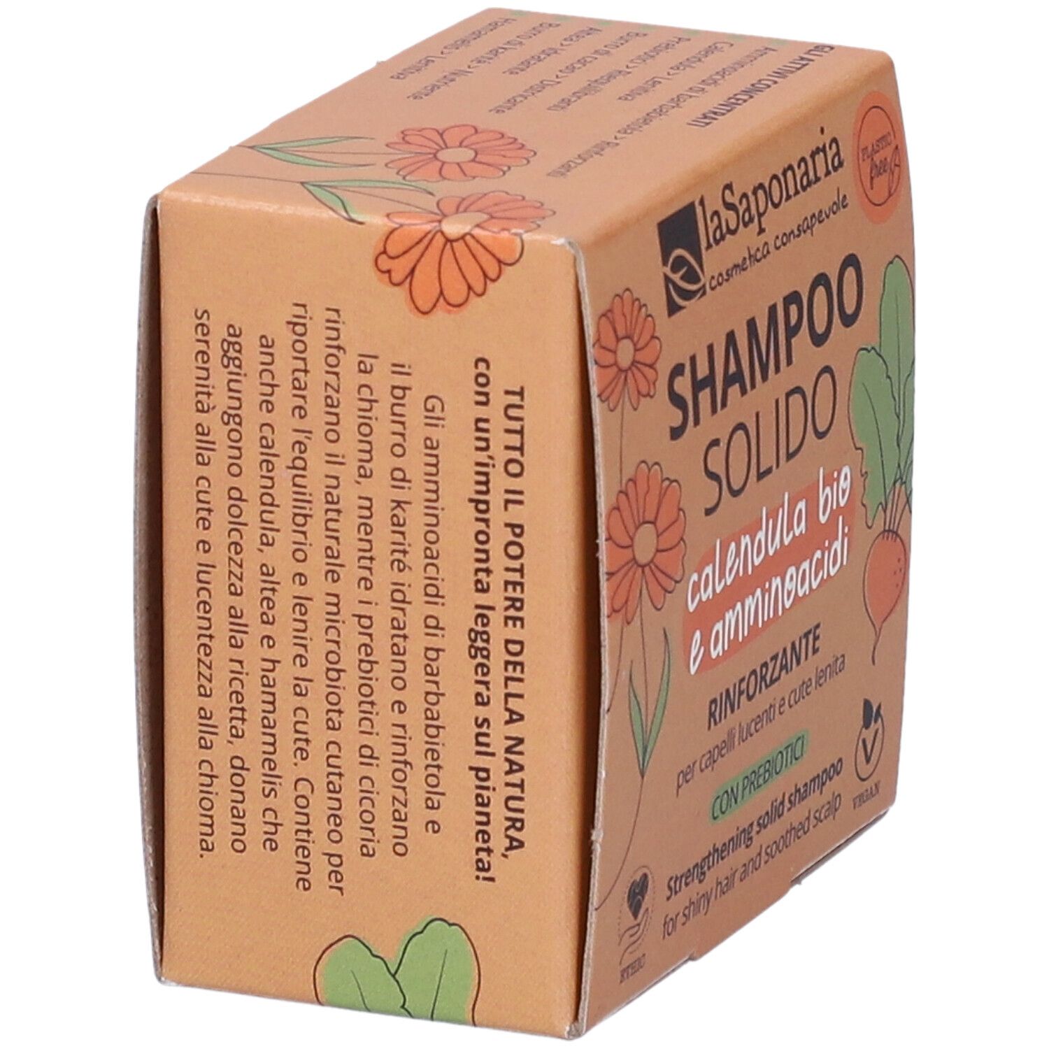 Confezione in cartone per shampoo solido. Nome e logo visibili. Testo in italiano. Illustrazioni di fiori e verdure.