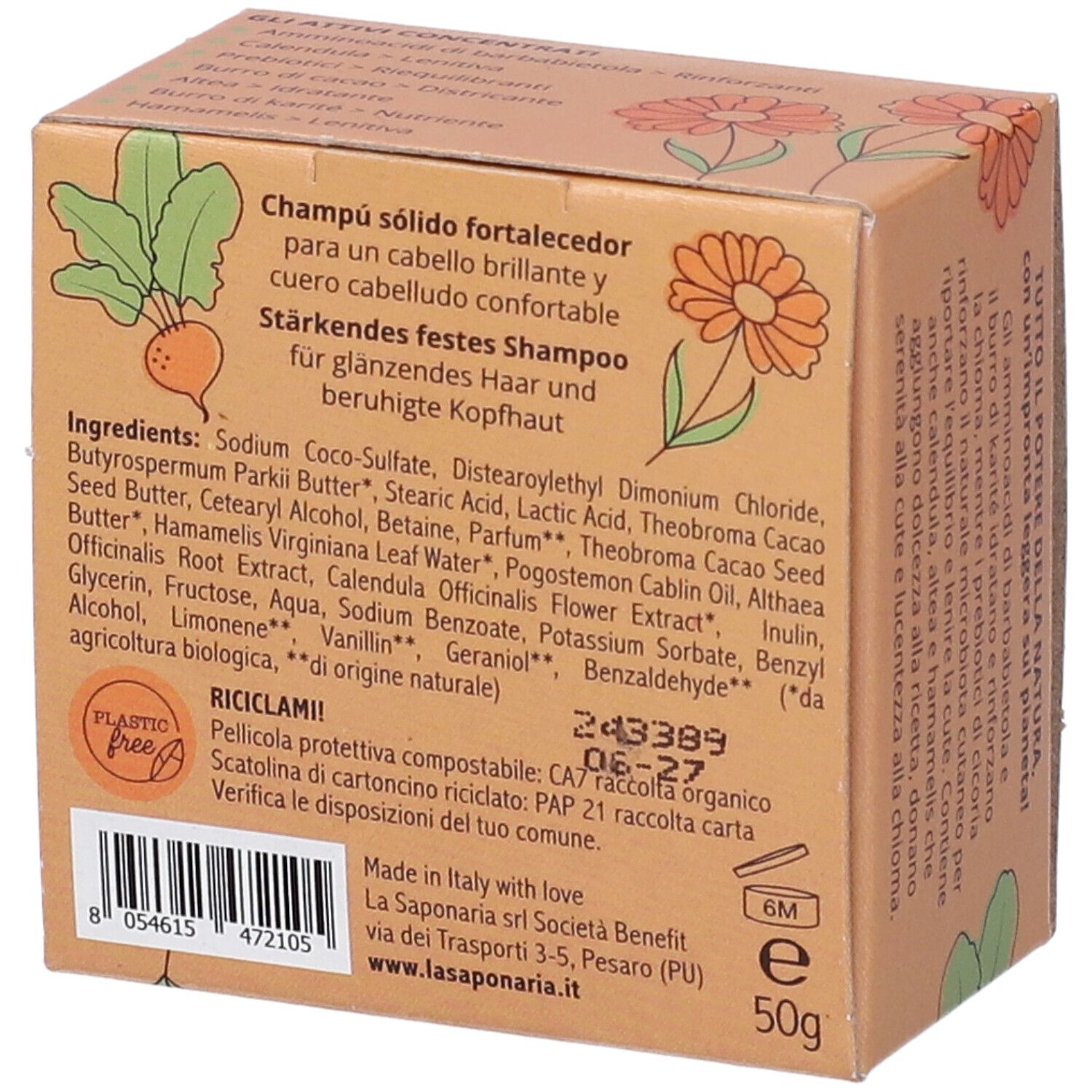 Retro della confezione in cartone per shampoo solido. Elenco ingredienti, testo multilingue, logo e certificazioni.