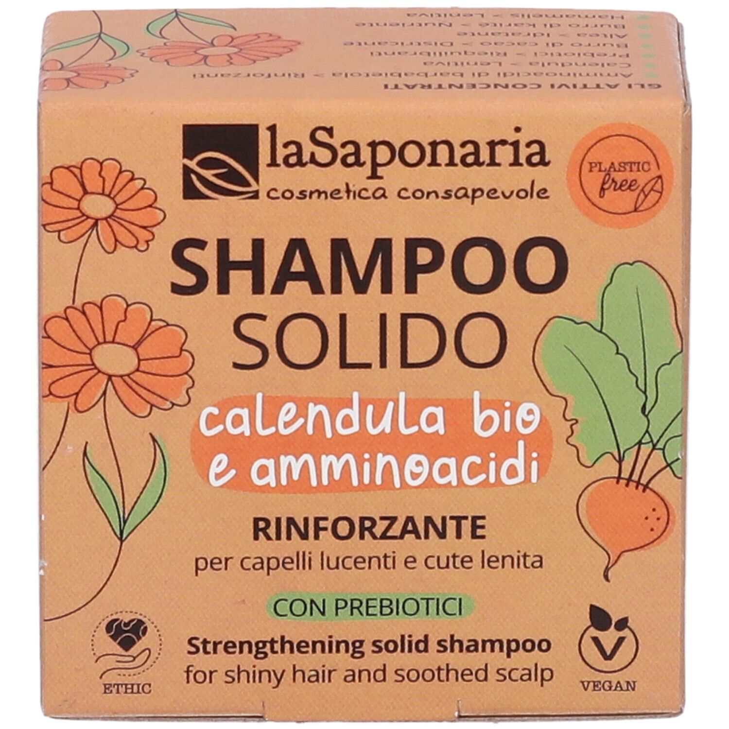 Confezione in cartone per shampoo solido. Nome del prodotto e logo visibili. Illustrazioni di fiori e verdure.